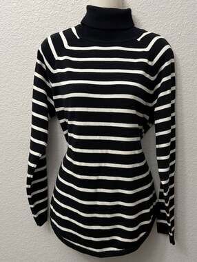 Jeanne Pierre Black and White Striped Cotton Mock Neck Turtleneck Sweater